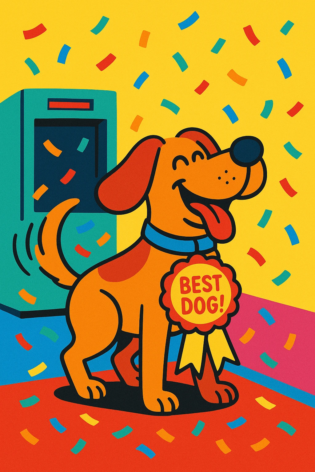 final scene with confetti and a badge that says 'Best Dog!', dog wagging tail, scanner in background, playful and colorful style emoji