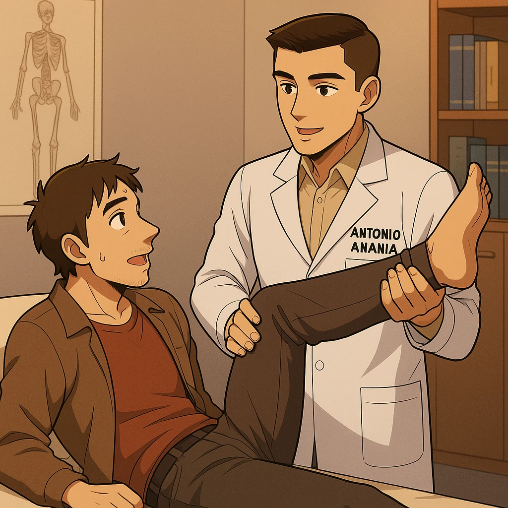 fai un webtoon manga a colori con questo stile, in cui un uomo è steso sul lettino medico e il kinesiologo con il camice bianco (fagli anche la scritta "ANTONIO ANANIA" SUL CAMICE, gli solleva una gamba per fargli il test neuromuscolare, IL KINESIOLOGO SPIEGA ALL'UOMO UNA cosa mentre gli alza la gamba. non fare i fumetti però, fai solo in modo che sembri stiano parlando emoji