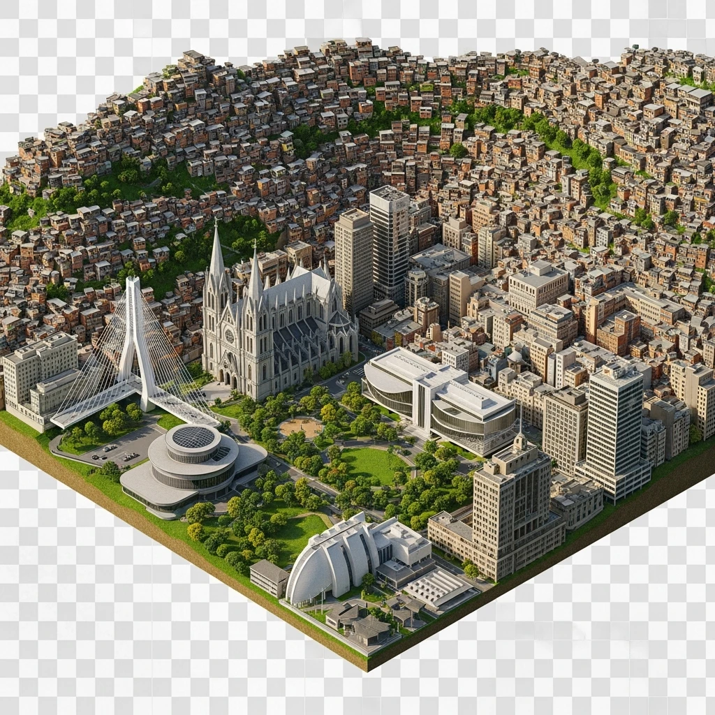 Isometric miniature of São Paulo Catedral da Sé, photorealistic MASP, Octávio Frias Bridge, and Altino Arantes building, favelas on hillsides, dense chaotic urban blocks, and green parks 3D miniature effect and Tilt Shift effect, no cartoonish look, transparent background. emoji