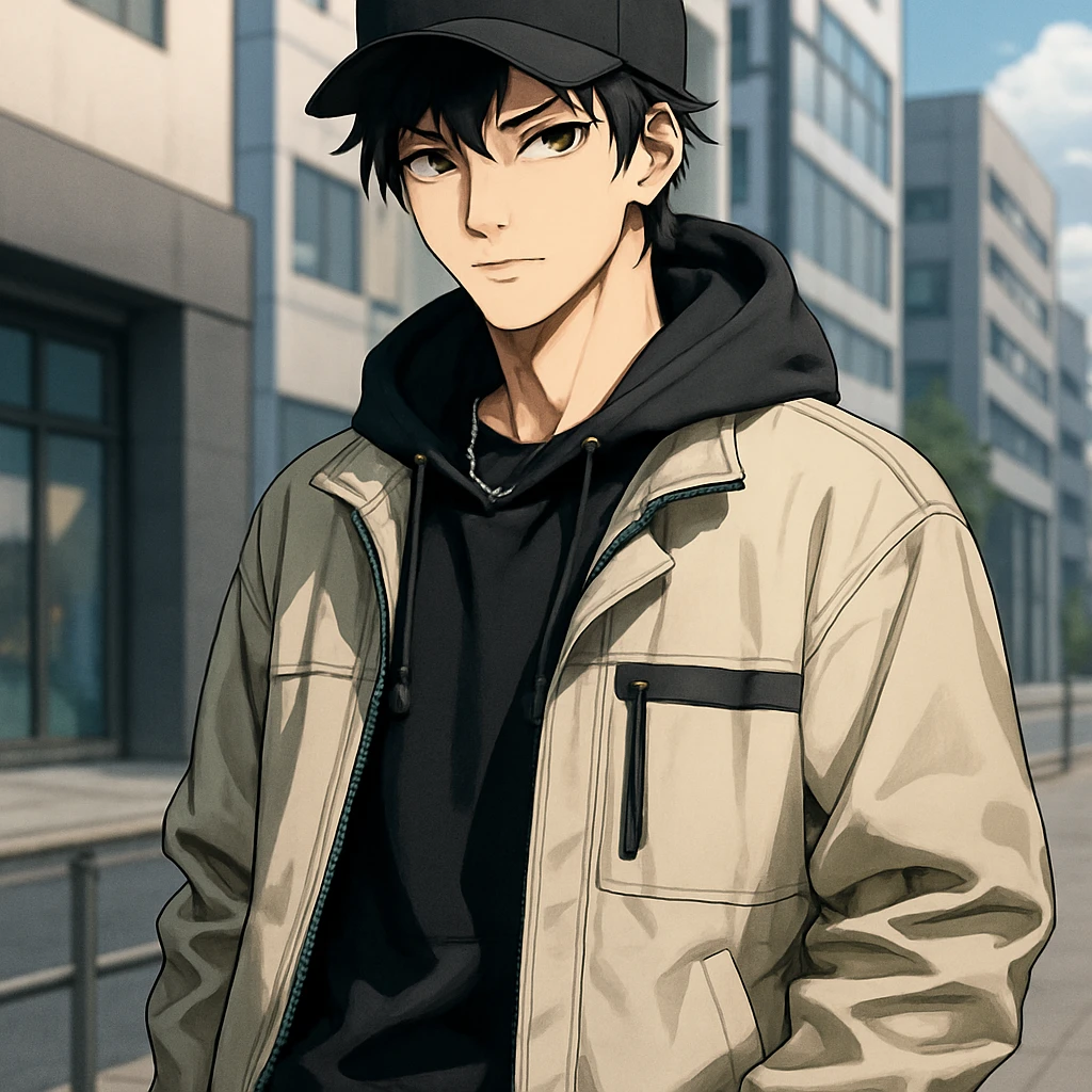 anime style handsome man with light skin in modern streetwear cosplay, cool and attractive emoji