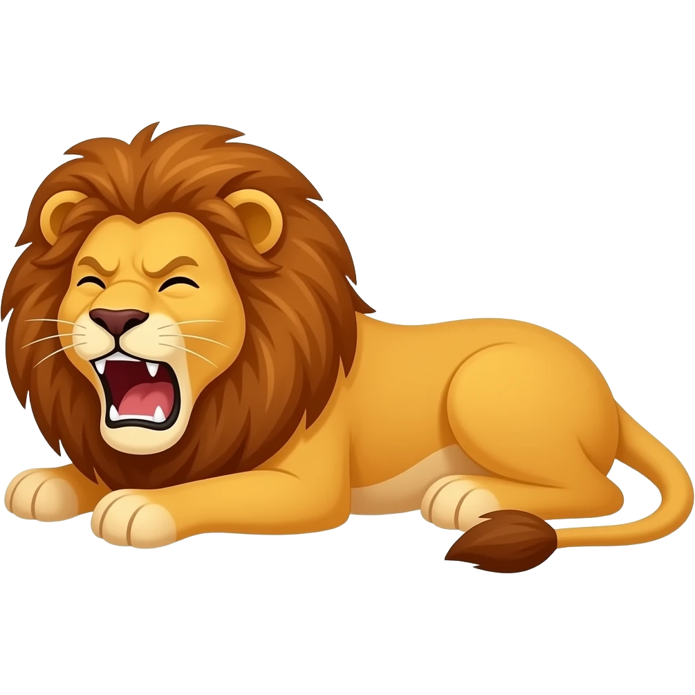Cartoon lion lays grunts at the end of his roar emoji