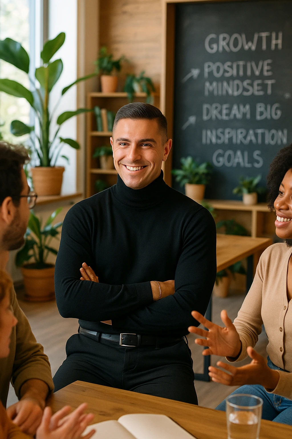 A confident man sitting in a cozy, modern coworking space, surrounded by positive, driven people engaged in creative conversation. He listens, learns, and occasionally smiles, visibly elevated by their presence. Behind him, a chalkboard or whiteboard with empowering words and ideas. The environment is filled with natural light, plants, and soft wooden textures. The atmosphere suggests emotional growth, support, and personal development. emoji