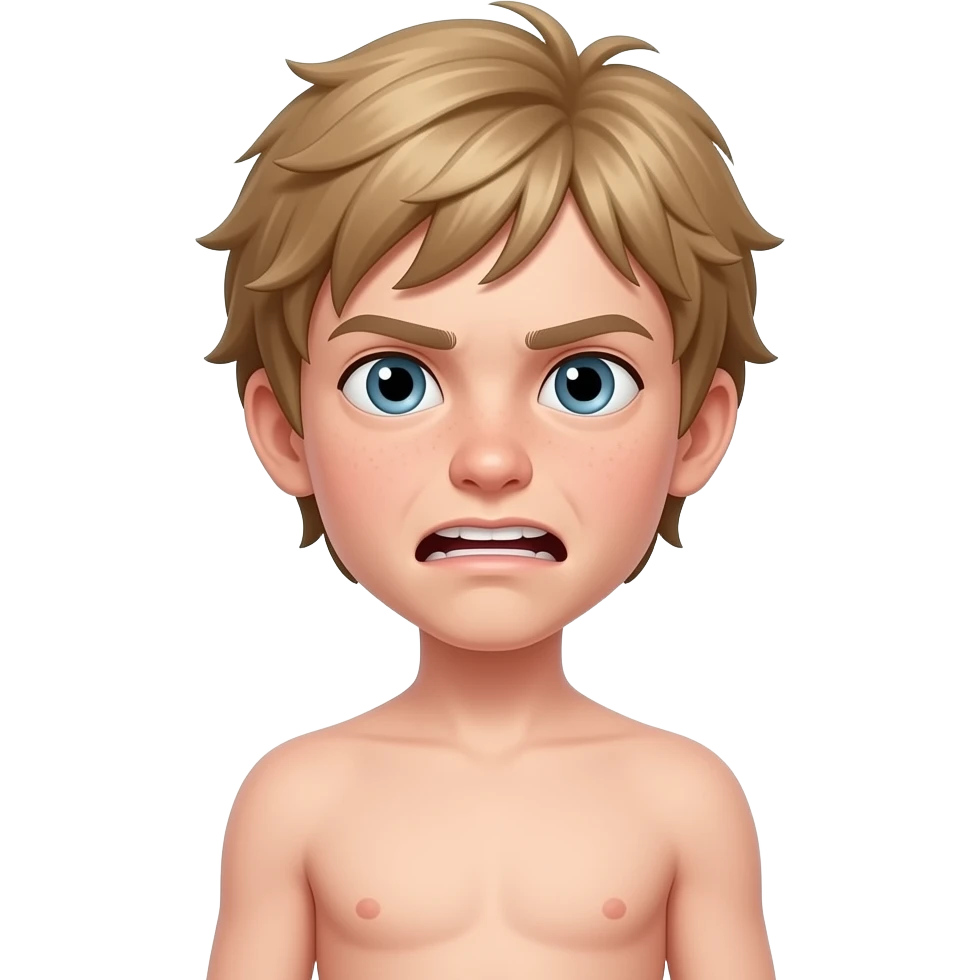 full body no shirt super skinny a short white kid kid with meidonm long dirt blond hair and he has buck teeth and has a stupid exsprsion on he's face emoji