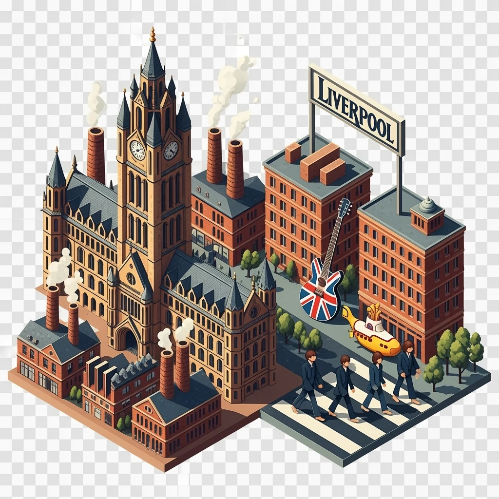 Isometric illustration of Manchester and Liverpool combined, Beatles references (Abbey Road sign), Manchester Town Hall, a Union Jack guitar and brick building in a miniature, toy-style factories, balanced between stylized painting and realistic,  transparent background emoji