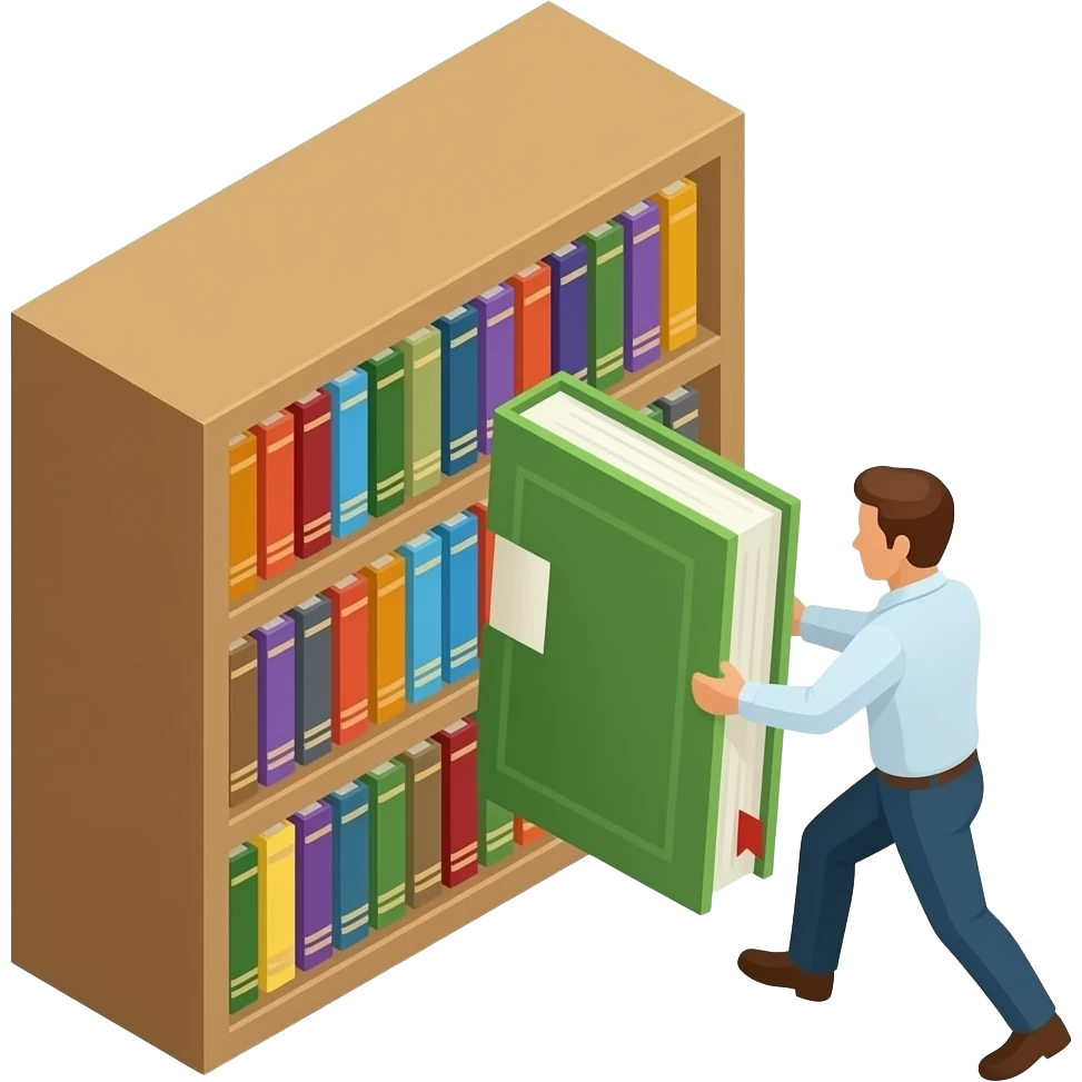 isometric view of library books, one being pulled out emoji