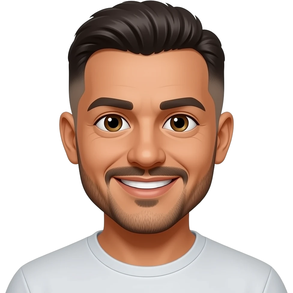 Adult, 30 years old, soft brown skin, Brazilian, short faded sides, low quiff on top, clean-shaven beard, medium mustache, smiling, interedium size eyes (don't make it so realistic) emoji