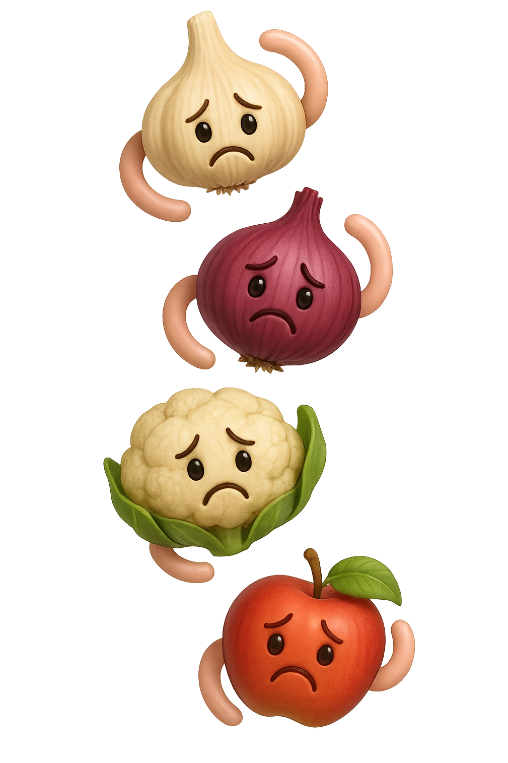 EMOJI STILE IPHONE DI aglio, cipolle, cavolfiore e mele che cadono verticalmente dall'alto con espressione triste con pezzi di colon avvolti intorno, IPERREALISTICO 4K emoji