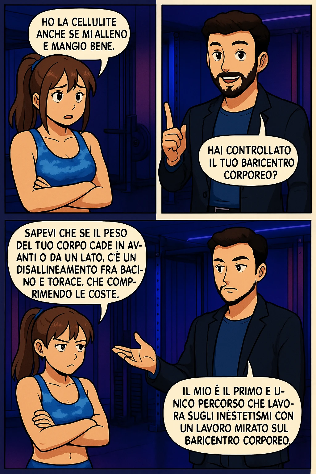PRENDI SPUNTO DA QUESTO STILE FACENDO UN WEBTOON/MANGA:

LEI (DONNA): Ho la cellulite anche se mi alleno e mangio bene, cosa posso fare?

LUI (UOMO): Hai controllato il tuo baricentro corporeo?
LUI (UOMO): Sapevi che se il peso del tuo corpo cade in avanti o da un lato, c’è un disallineamento fra bacino e torace, che comprimendo le coste, limita la motilità del diaframma e l’ossigenazione dei tessuti?
LUI (UOMO): Il mio è il primo e unico percorso che lavora sugli inestetismi con un lavoro mirato sul baricentro corporeo. emoji