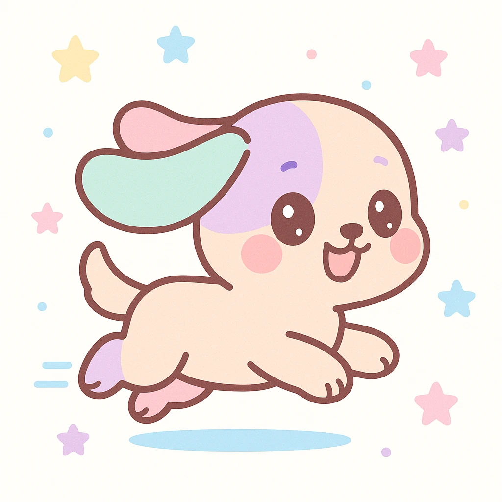 kawaii puppy running at full speed, big sparkling eyes, ears flapping, joyful expression emoji