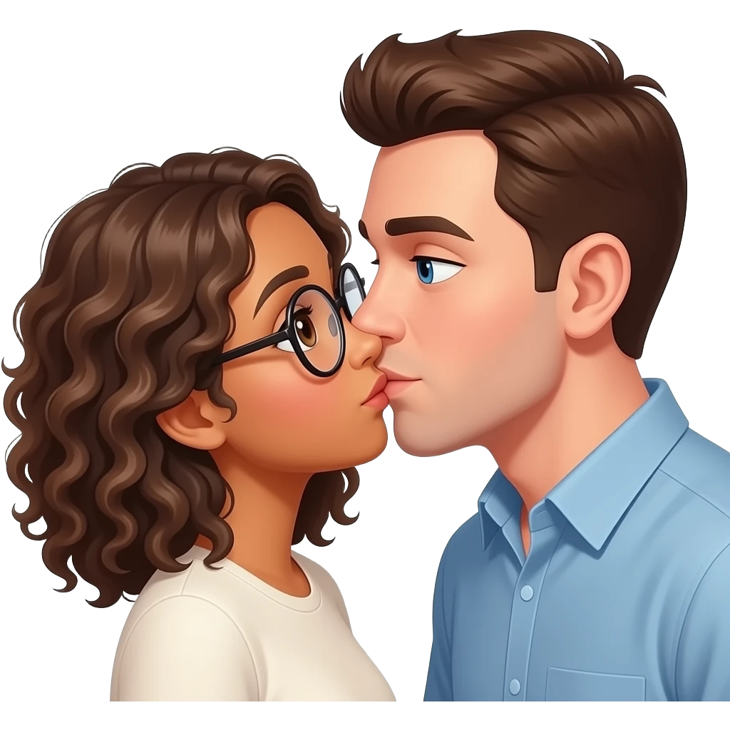 Homme blanc cheveux châtain avec yeux bleu et fille métisse cheveux bouclés marrons et blonds avec des yeux marrons et des lunettes rondes qui s’embrassent avec amour et passion emoji