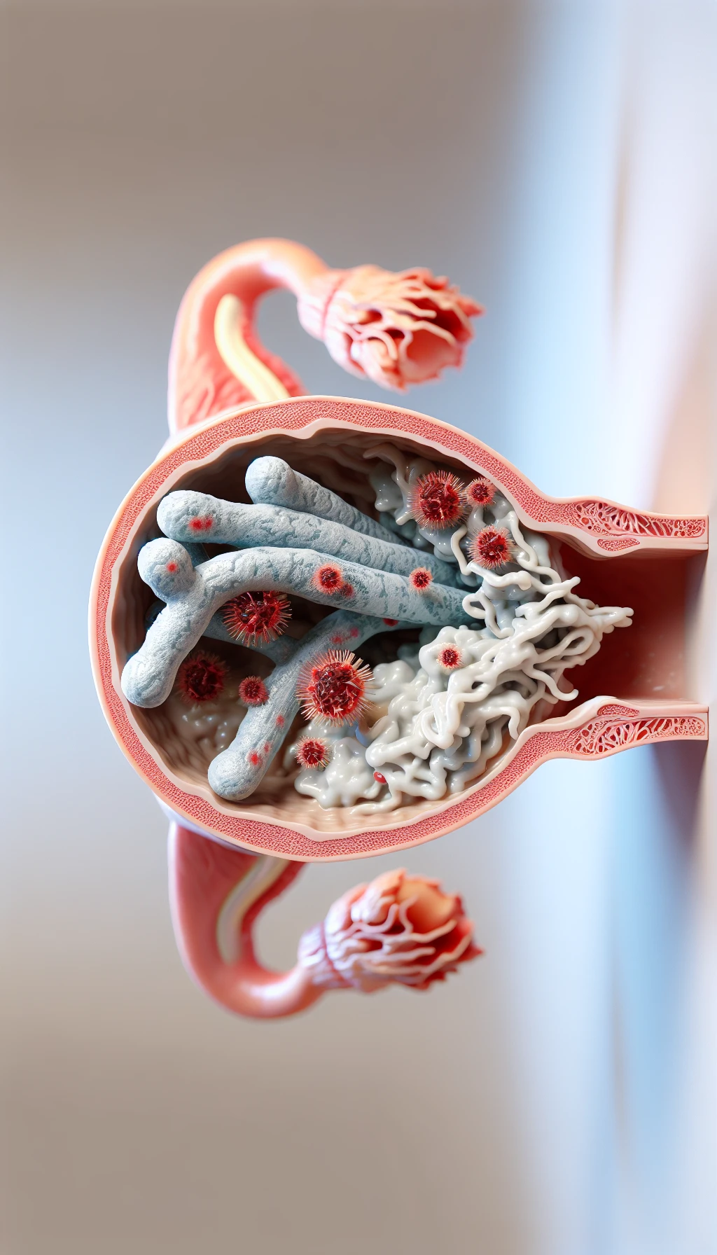 corpo umano anatomico con batteri come la candida nell'utero, sfondo neutro chiaro, iperrealistico 4k emoji