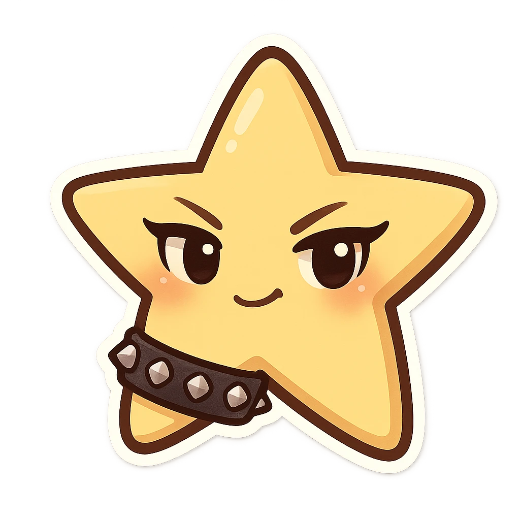 chibi sticker-style star with a studded bracelet and dark eyeliner, cute and exaggerated emoji