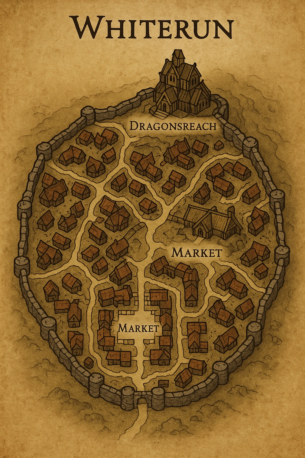 A vertical overhead map of the town of whiterun from skyrim emoji