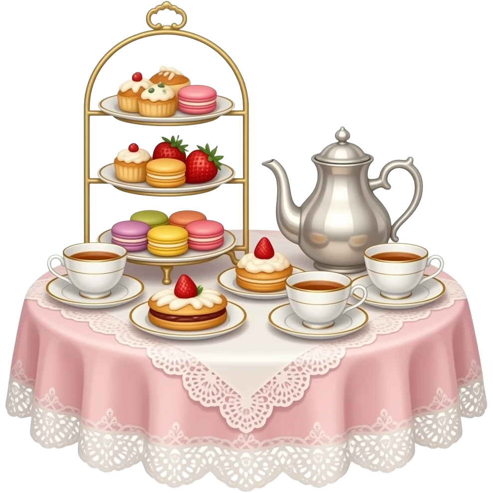 Luxury afternoon tea stand inspired by a grand London hotel, isolated, centered, no background, delicate pastries, macarons, strawberries, fine porcelain, feminine pink and champagne tones emoji