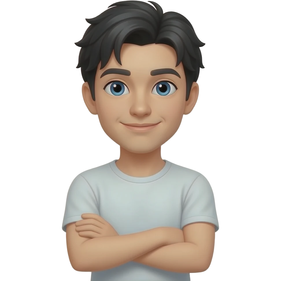 Black hair, white skin, blue eyes with arms crossed emoji