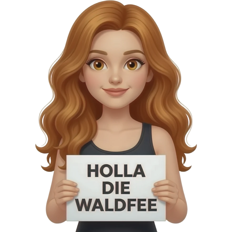 sexy girl with long wavy ginger hair and ginger eyes wearing a black tanktop is holding a white sign with HOLLA DIE WALDFEE written on it emoji