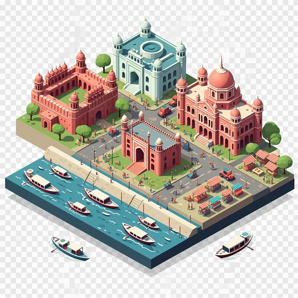 Isometric minimalistic illustration of Dhaka – Lalbagh Fort, Ahsan Manzil, bustling river boats, dirty colorful streets, subtle 3D miniature effect and Tilt Shift effect, no cartoonish look, transparent background. emoji