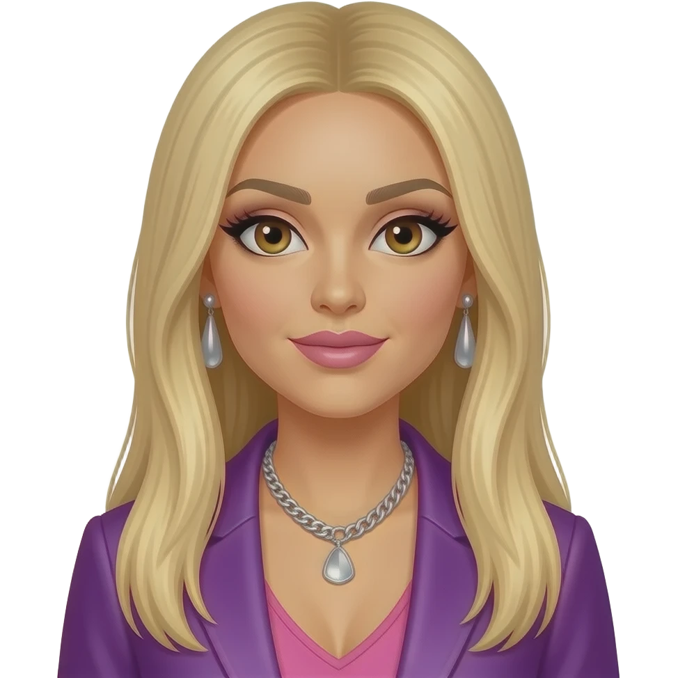 Ashley Roberts from The Pussycat Dolls with brown eyes, long blonde straight hair, pink and purple r&b outfit, necklace and earrings emoji