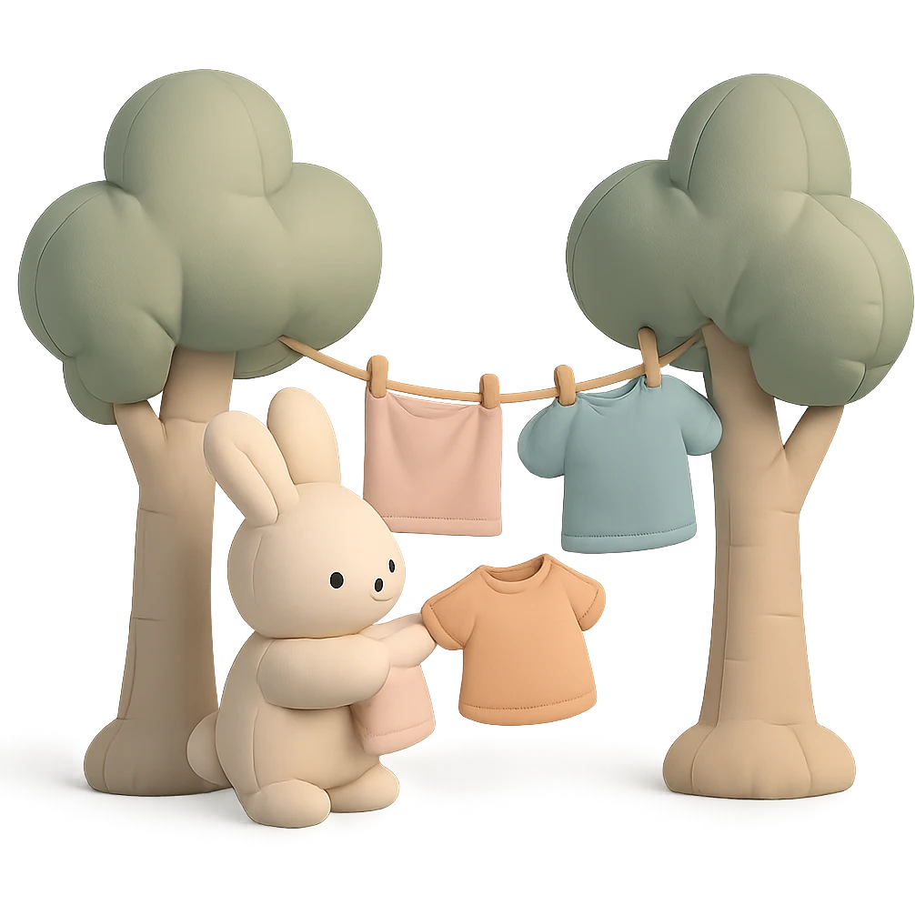 bunny hanging laundry between trees, calming domestic forest feel, soft pastel colors emoji