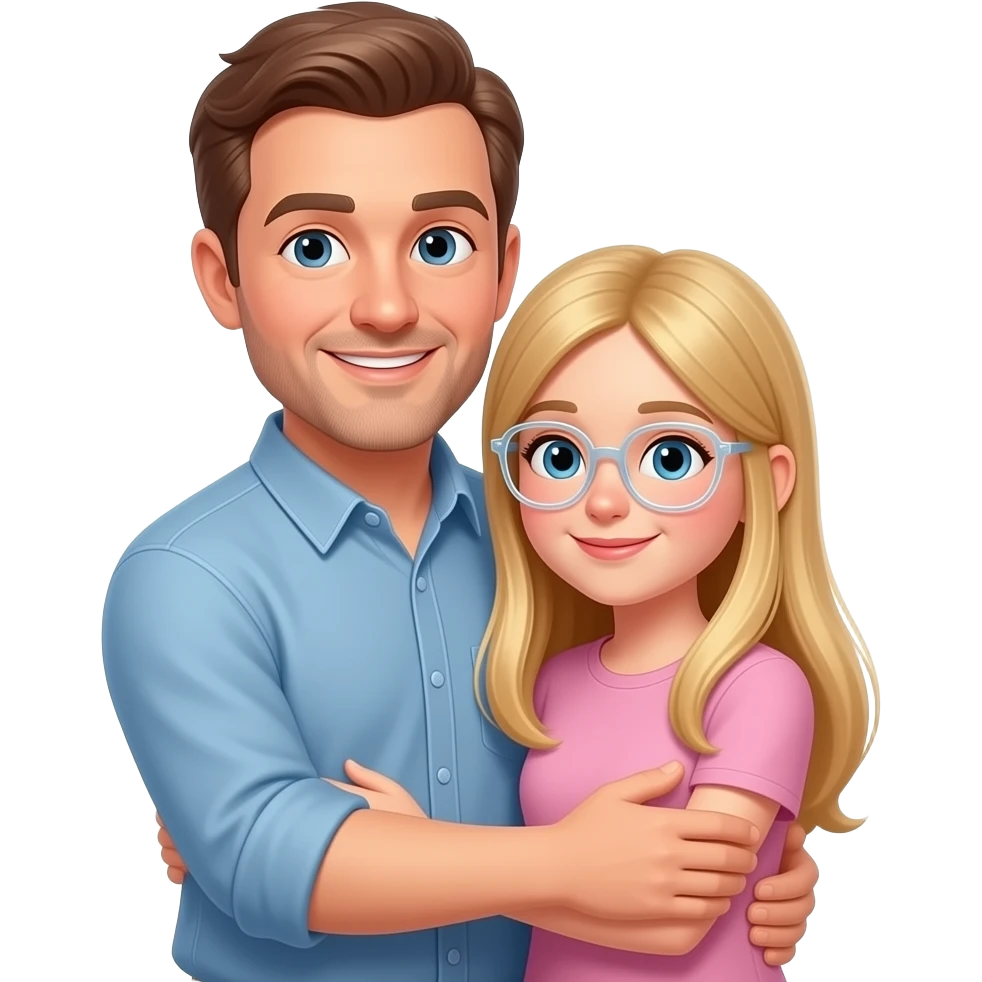a dad and 13 year old girl hugging girl has longstraight strawberry blond hair CLEAR glasses emoji