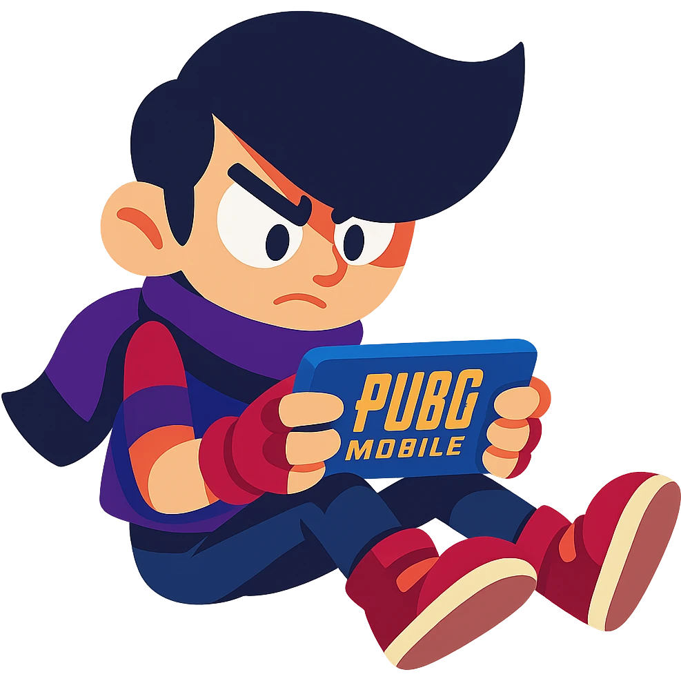 Edgar, Brawl Stars character, sitting and playing PUBG Mobile, focused look, fun and dynamic, cartoon style emoji