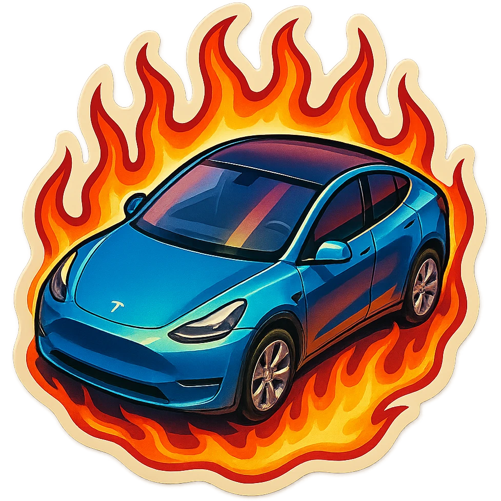 A Tesla Model Y parking in a driveway, from above, with fire around emoji