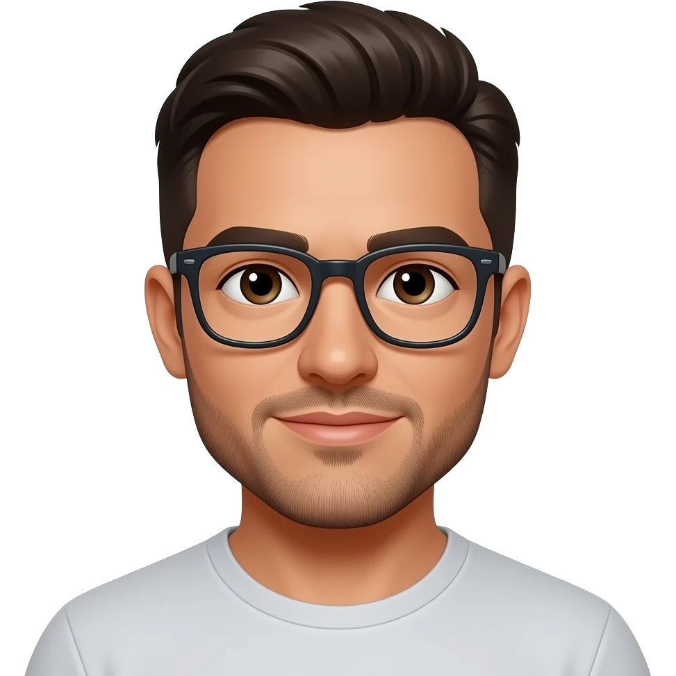white latino man, very short dark brown hair, dark brown eyes, short beard and glasses emoji