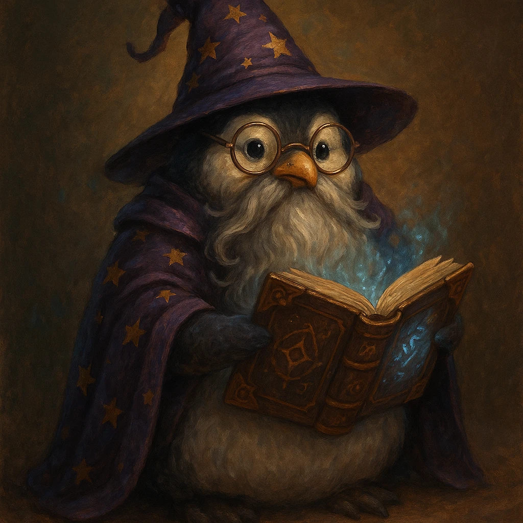 a chubby penguin wizard with glasses, a long beard, and a mystical book, fantasy illustration emoji
