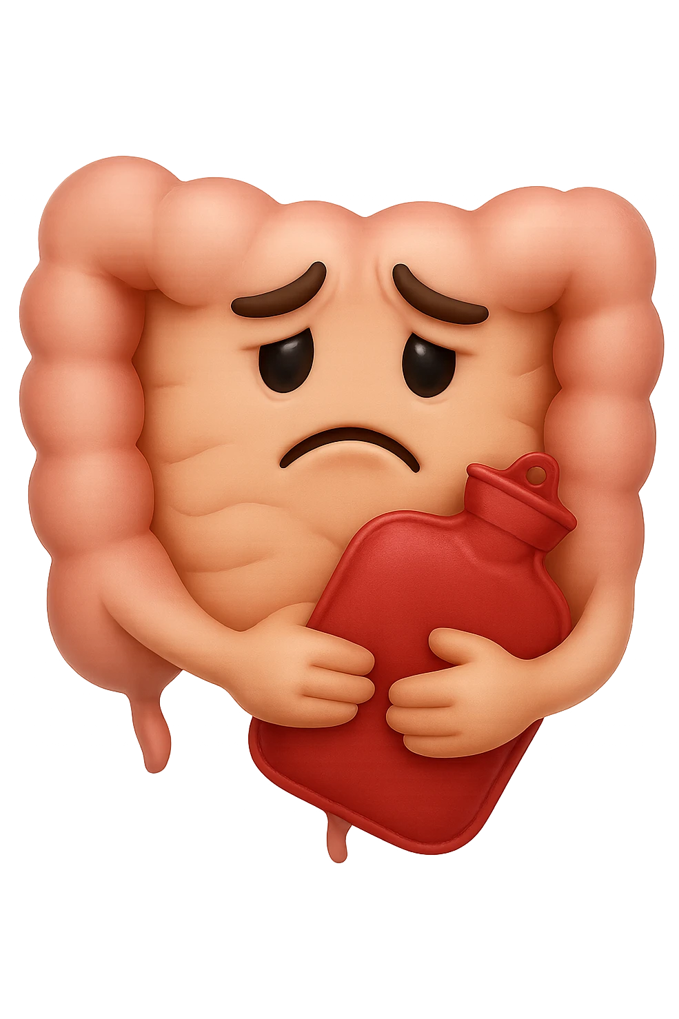 emoji stile iphone di un intestino che si tiene la borsa dell'acqua calda al centro, espressione di tristezza in volto, iperrealistico 4k emoji