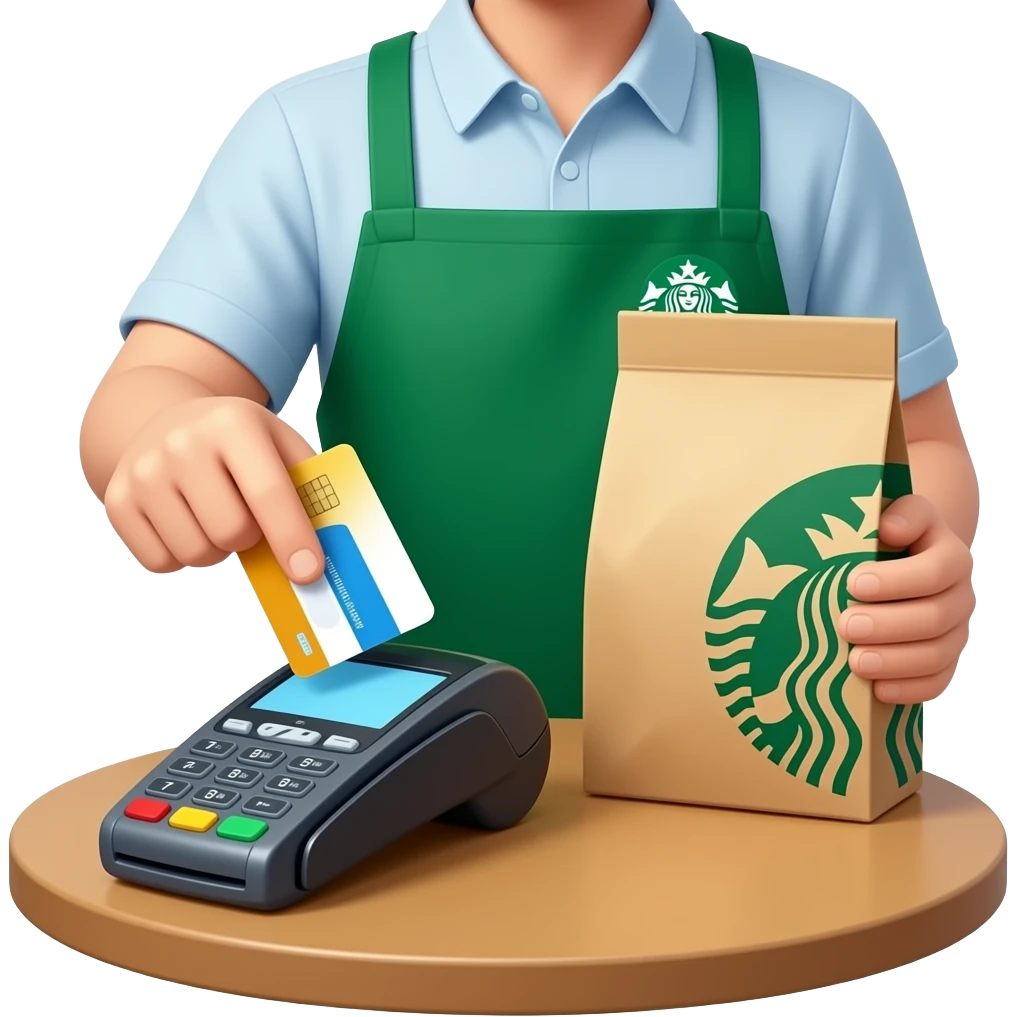 Please show hands of customer left hand they should be paying with their card on POS SYSTEM , have their phone on the table with the starbucks loyalty point and the cahsier should be handing them a pastry in a starbucks packaging emoji