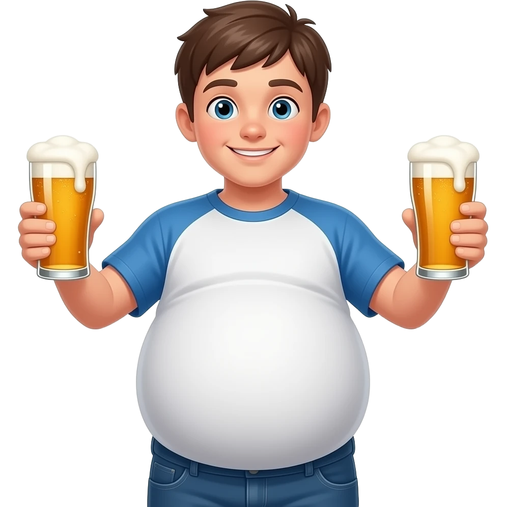 Zrób chłopak 12 latek z piwny brzuchem🫄🏼 brzuch ma kształt jak piłka + twarty brzuch + bardzo ogromny brzuch i trzyma oba piwa 🍻 emoji