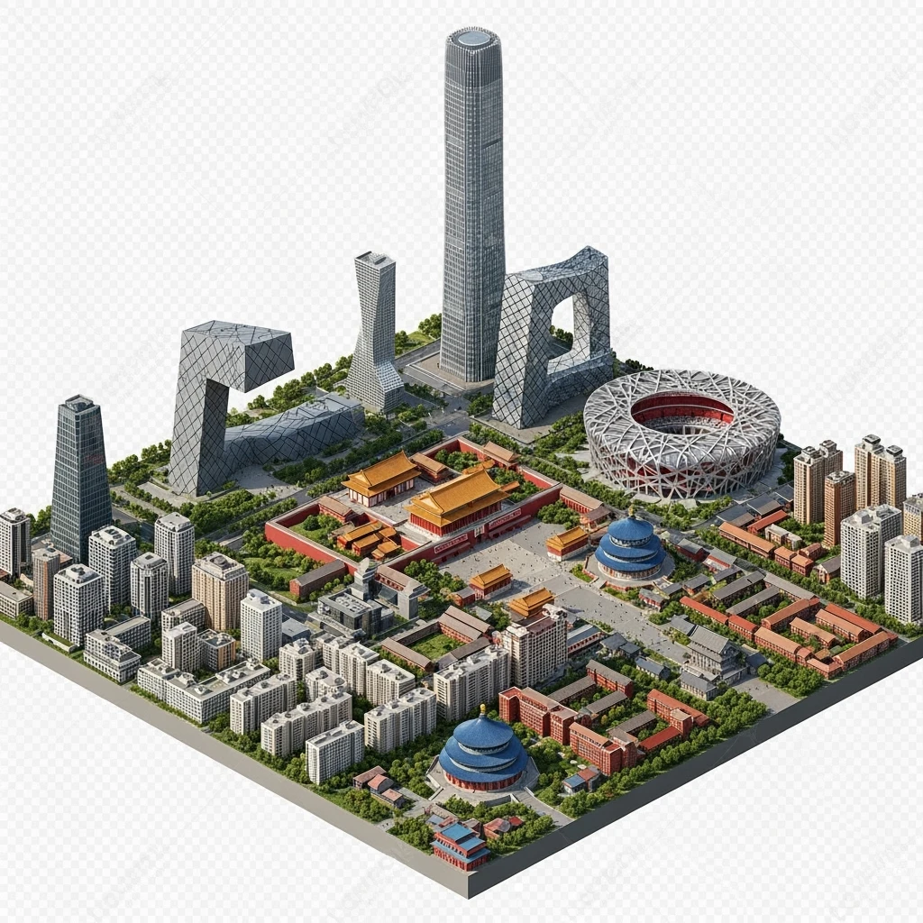 Isometric miniature of Beijing Forbidden City, Tiananmen Square, CCTV Headquarters, Temple of Heaven, China Zun skyscraper, Bird’s Nest Stadium, Beijing apartment blocks, 3D miniature effect and Tilt Shift effect, no cartoonish look, transparent background, don't cut angles emoji