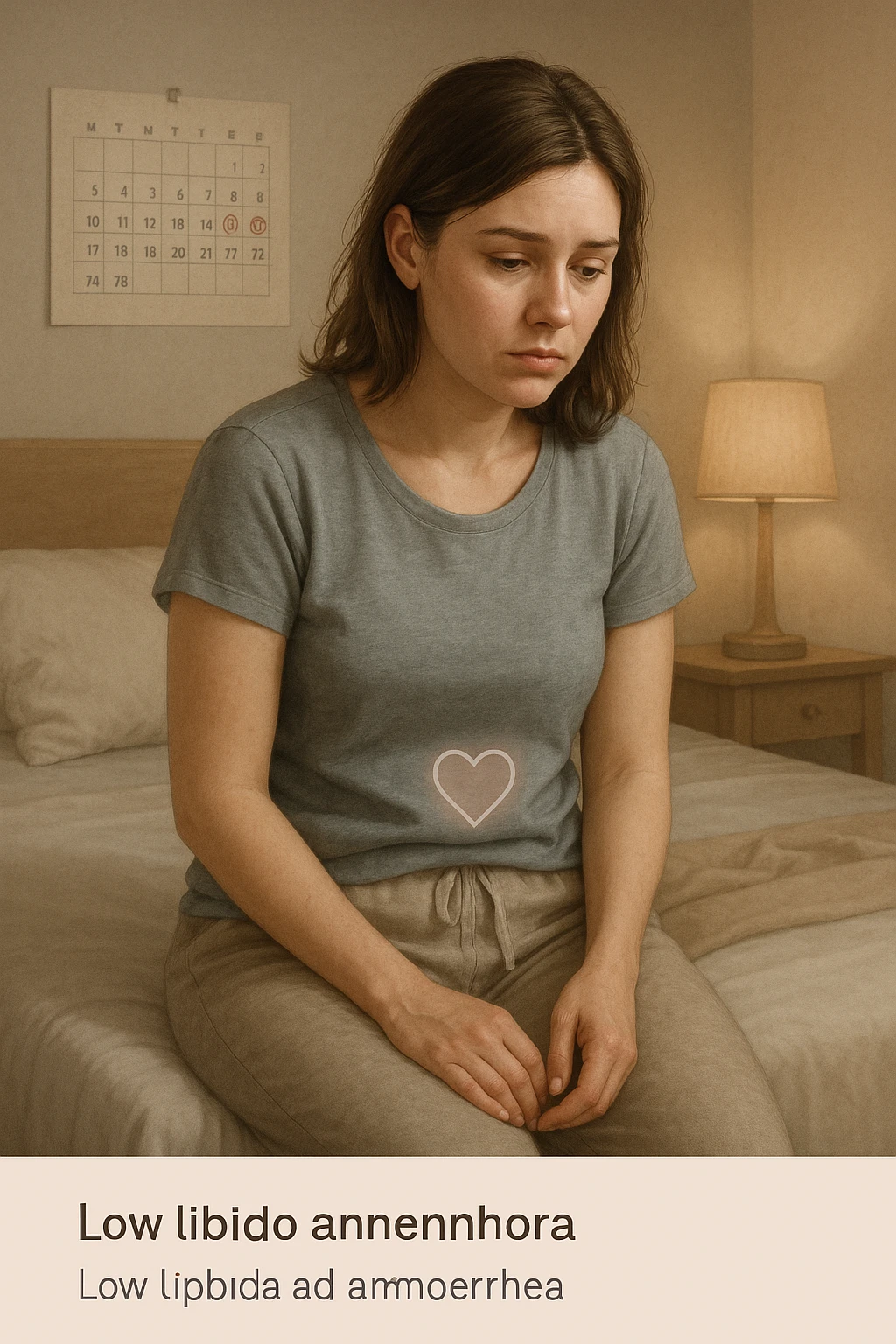 3D realistic medical illustration: a young woman in her 20s or 30s sits on the edge of a bed in a softly lit bedroom, looking thoughtful and slightly concerned. She wears comfortable loungewear, her posture is slouched, and her expression is subdued. Subtle visual cues—such as a faded calendar with missed menstrual cycles and a dimmed heart or energy icon near her abdomen—symbolize low libido and amenorrhea. The scene is realistic, intimate, and empathetic. emoji