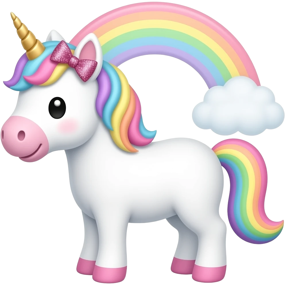 A rainbow white and pink unicorn wearing a glitter bow on a pastel rainbow emoji