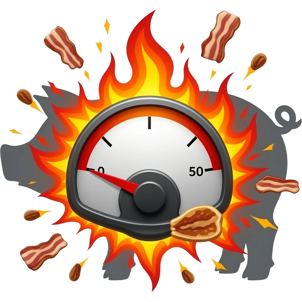 text large font size "porco dio" on a meter with a pig outline in the background, no values, only white to red display, meter to the max, explosion, fire, bacon emoji