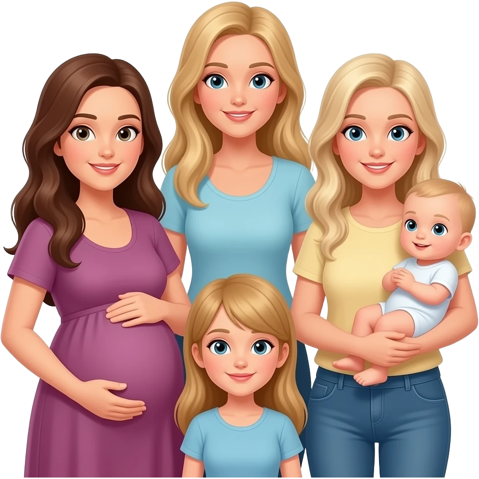 5 Caucasian women with long hair: 1 brunette whose pregnant, 1 dirty blonde tall, 1 blonde with baby in arms, 1 blonde small, 1 brunette emoji