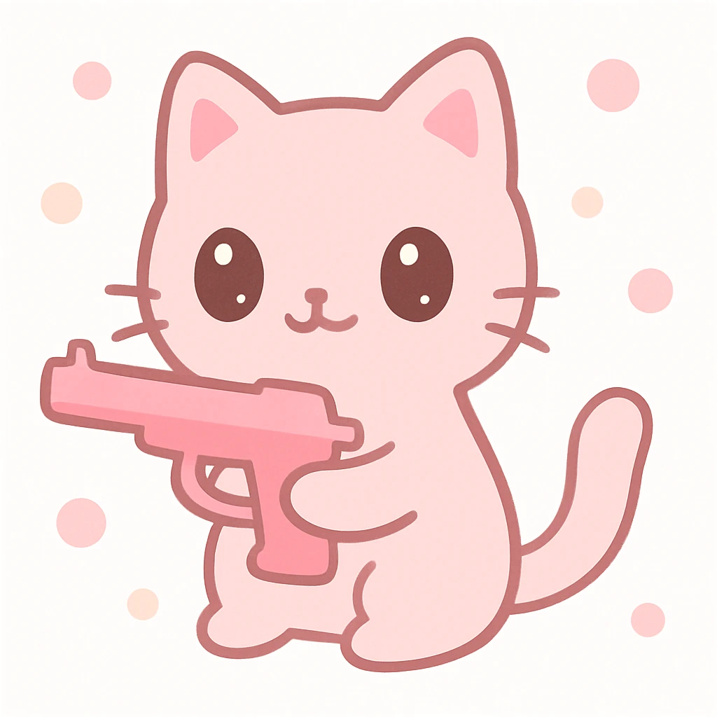 cute pink cat holding a pink gun, soft colors, big eyes, playful expression emoji