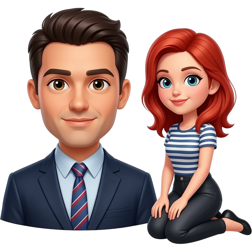 Female redhead on her knees in front of dark haired. male emoji
