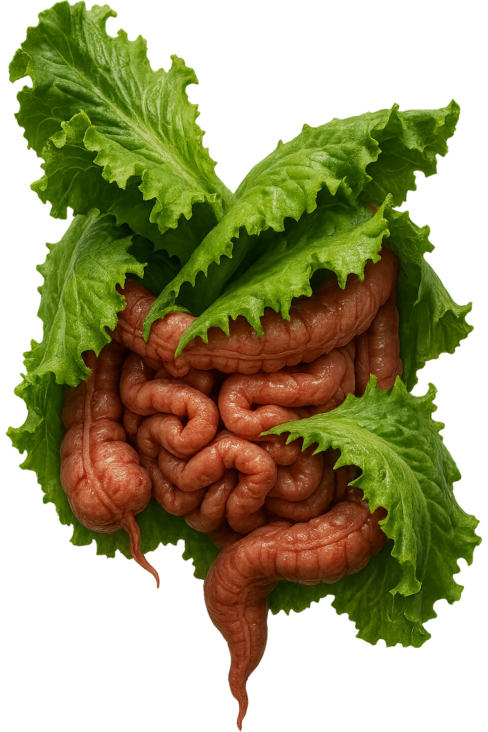 foglie di insalata che attaccano un intestino anatomico umano per distruggerlo, IPERREALISTICO 4K emoji
