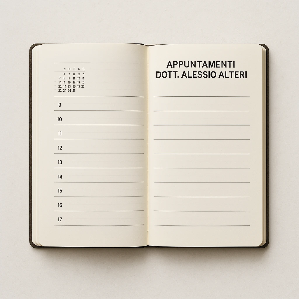 realistic open agenda with visible calendar and the text 'Appuntamenti Dott. Alessio Alteri' prominently displayed, orderly composition, light background emoji