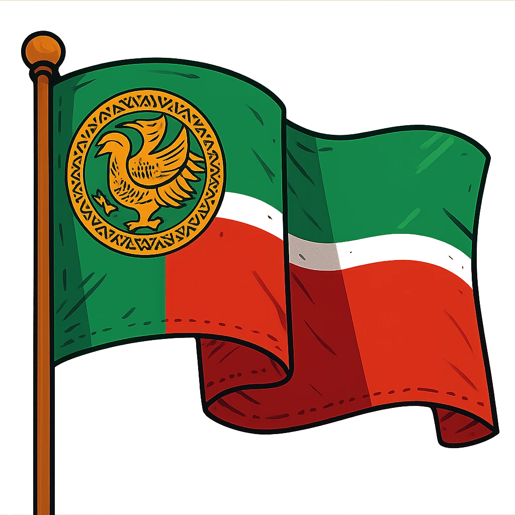 Tatarstan flag, vibrant and detailed, waving in the wind, green, white, and red stripes, golden emblem on the left side, intricate patterns, realistic fabric texture, vibrant colors, national symbol, cultural heritage, waving motion, outdoor scene, sunlight casting gentle shadows, detailed stitching, emblem's golden eagle with outstretched wings, traditional Tatar ornamentation, rich cultural symbolism, dynamic and lively emoji