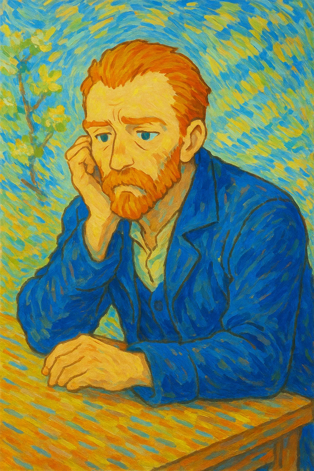 Van Gogh sitting and thinking, impressionist style, bright brush strokes, inspired by his self-portraits emoji