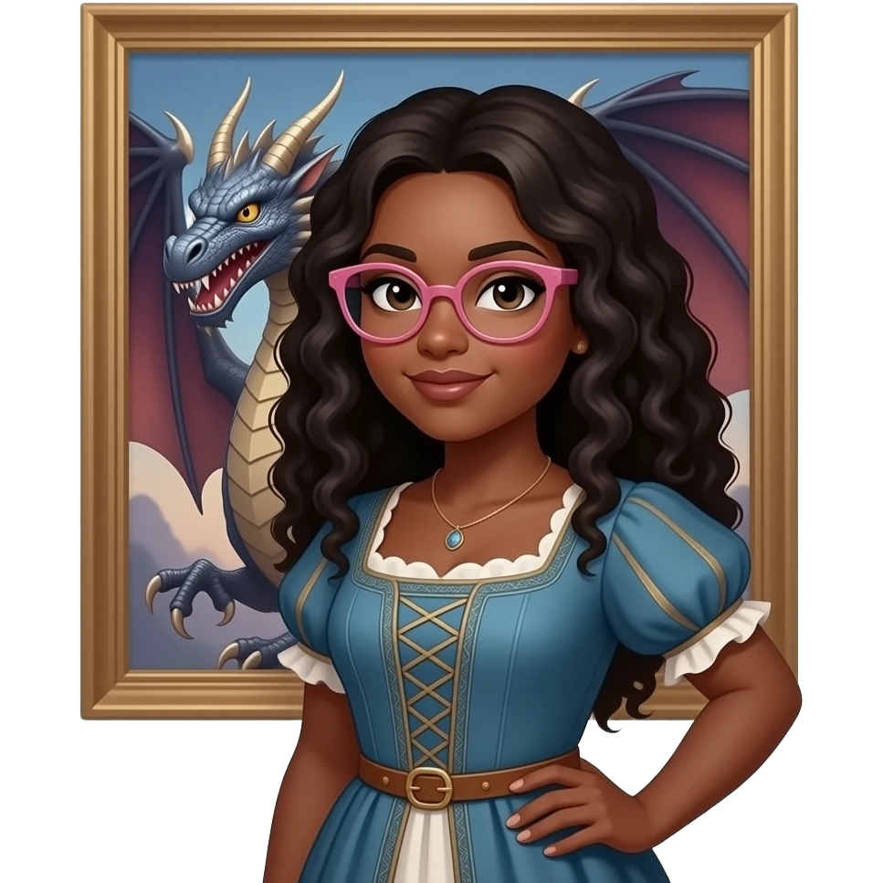 A curvy black pale light skinned woman with long curly hair and pink glasses, wearing a medieval dress, standing in front of a dragon emoji