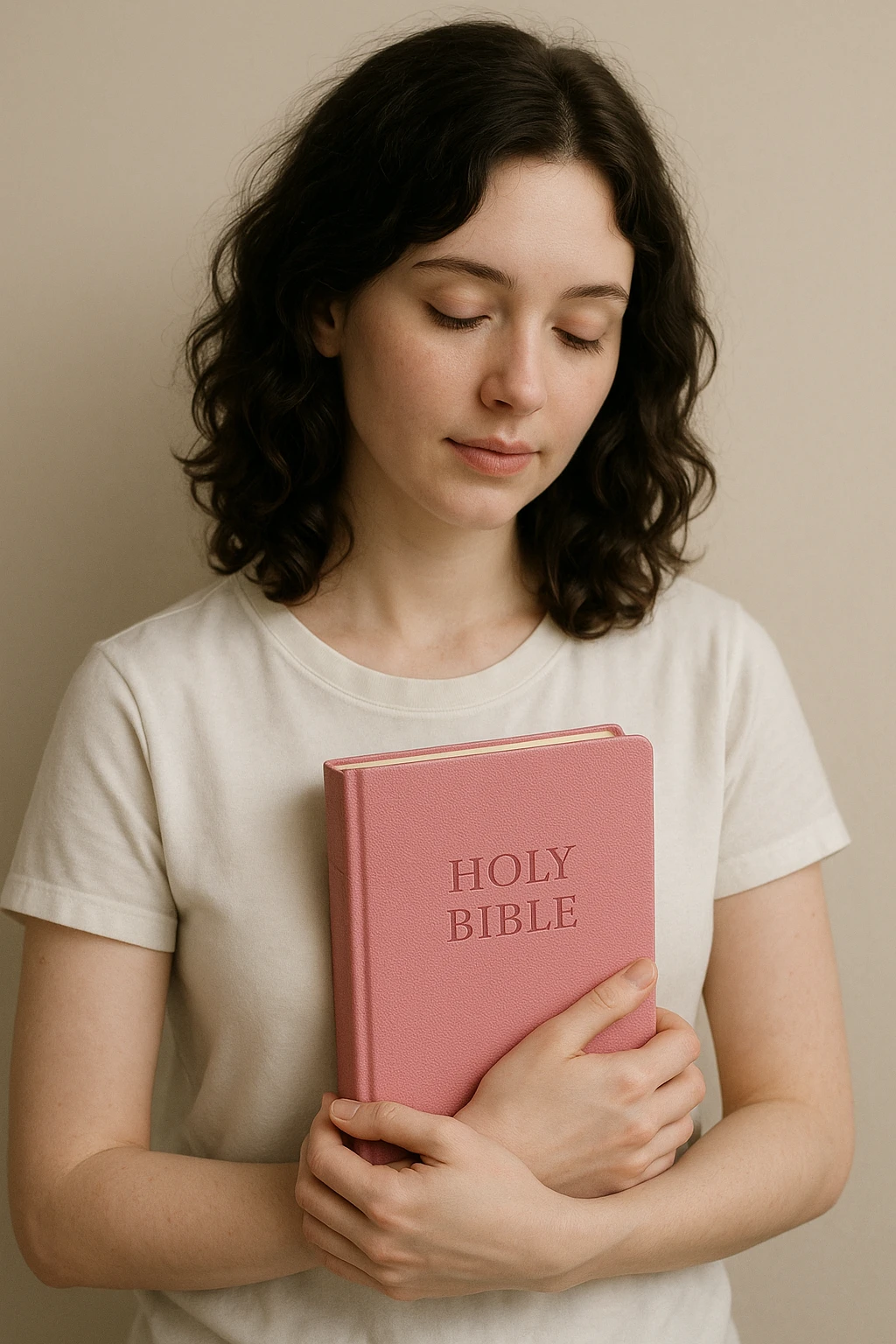 Pale-skinned woman with wavy brunette hair, white t-shirt, holding a pink Bible, gentle and calm pose, simple background emoji