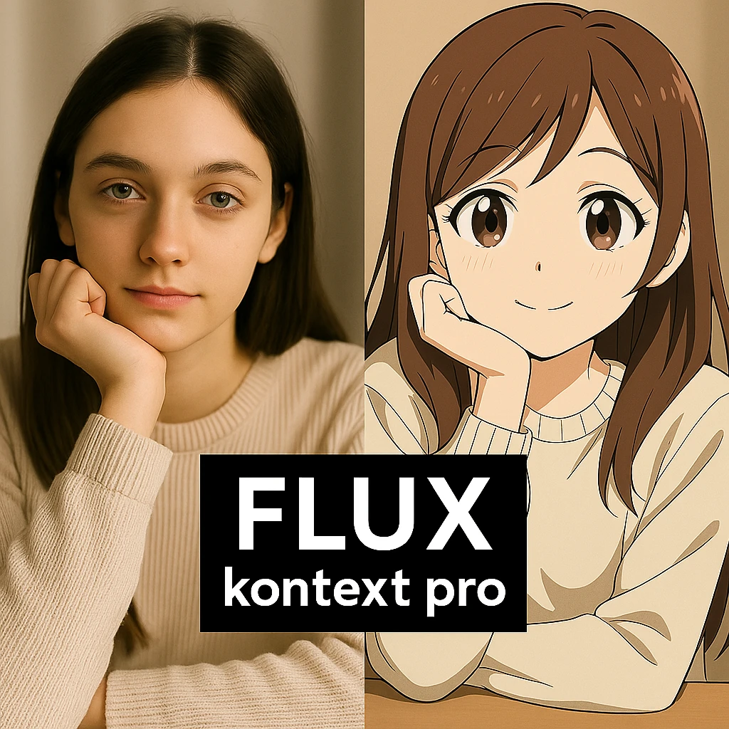 replace the logo with the text of "FLUX kontext pro", keep everything else same emoji
