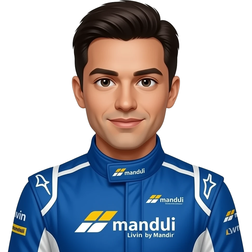 f1 racer posing with blue costume, using blue costume, with mandiri logo & livin by mandiri logo sponsor emoji