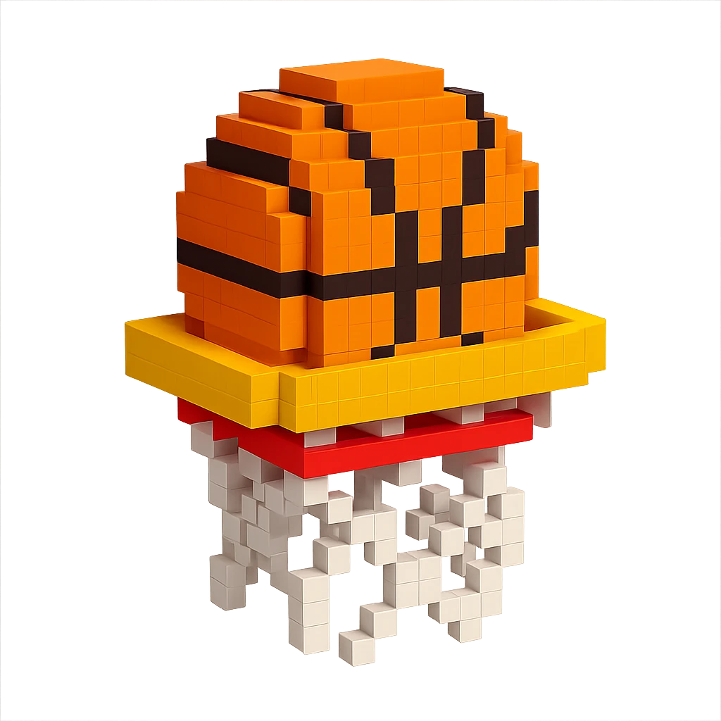 Voxel-style basketball in a net, no background, variation 3. emoji