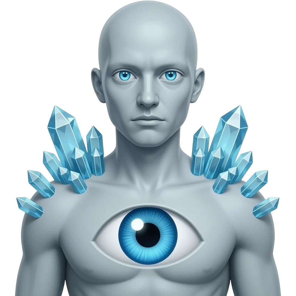 Weird Crystal humanoid thing with crystals growing on its back in glowing blue eyes with a gray body with a growing with no mouth with glowing blue eyes with a single blue glowing eye full body emoji