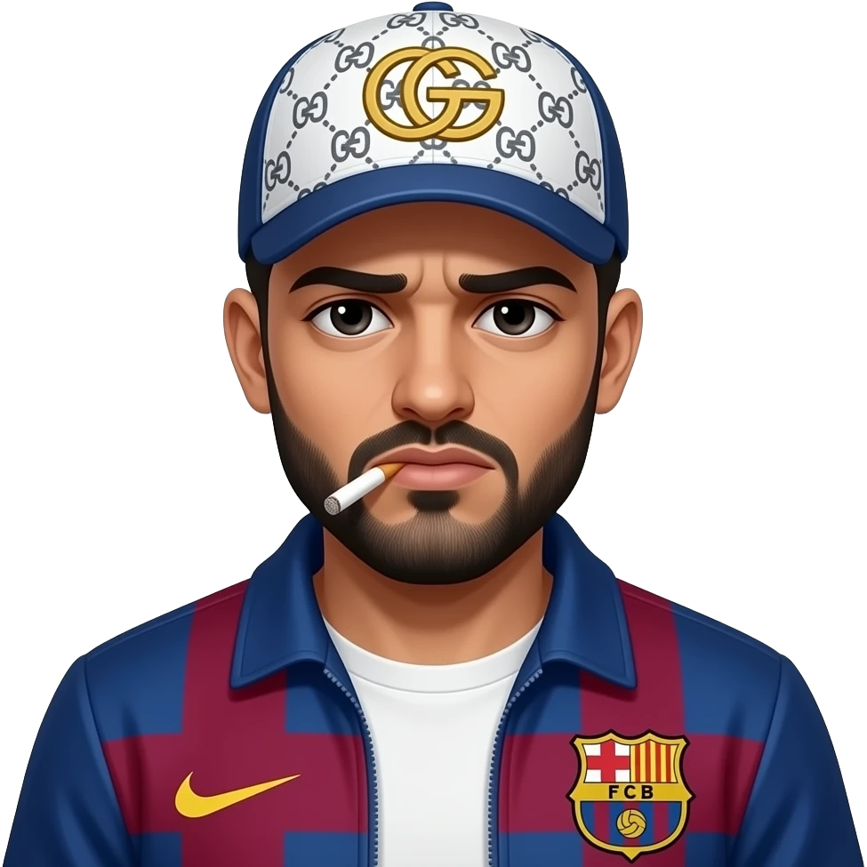 Arabe, avec joint de shit bien entamé dans la bouche, et les yeux noir très très  fatigués, veste Barca, casquette Gucci à motif blanche. Rend le dangereux et menaçant emoji