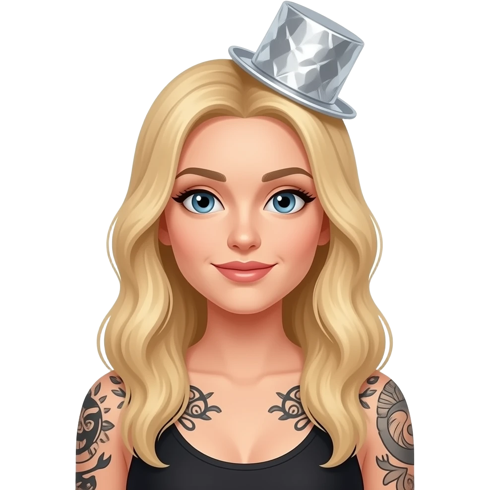 Small aluminum foil top hat conspiracy on blond woman long hair with arm tattoos emoji